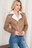 WJ4204 Long Sleeve Lapel Collar Zip Front Spliced detail Sherpa-lined Croped Jacket.