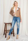 WJ4204 Long Sleeve Lapel Collar Zip Front Spliced detail Sherpa-lined Croped Jacket.