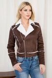 WJ4204 Long Sleeve Lapel Collar Zip Front Spliced detail Sherpa-lined Croped Jacket.