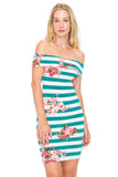 D3867  Floral Off Shoulder Mini Dress Stripe Sleeveless Ruffle Bodycon